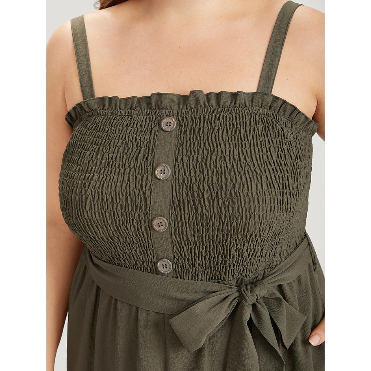 Plus Size ArmyGreen Shirred Frill Trim Belted Button Detail Cami Jumpsuit Women Elegant Sleeveless Square Neck Dailywear Loose Jumpsuits BloomChic 18-20/2X Product Image