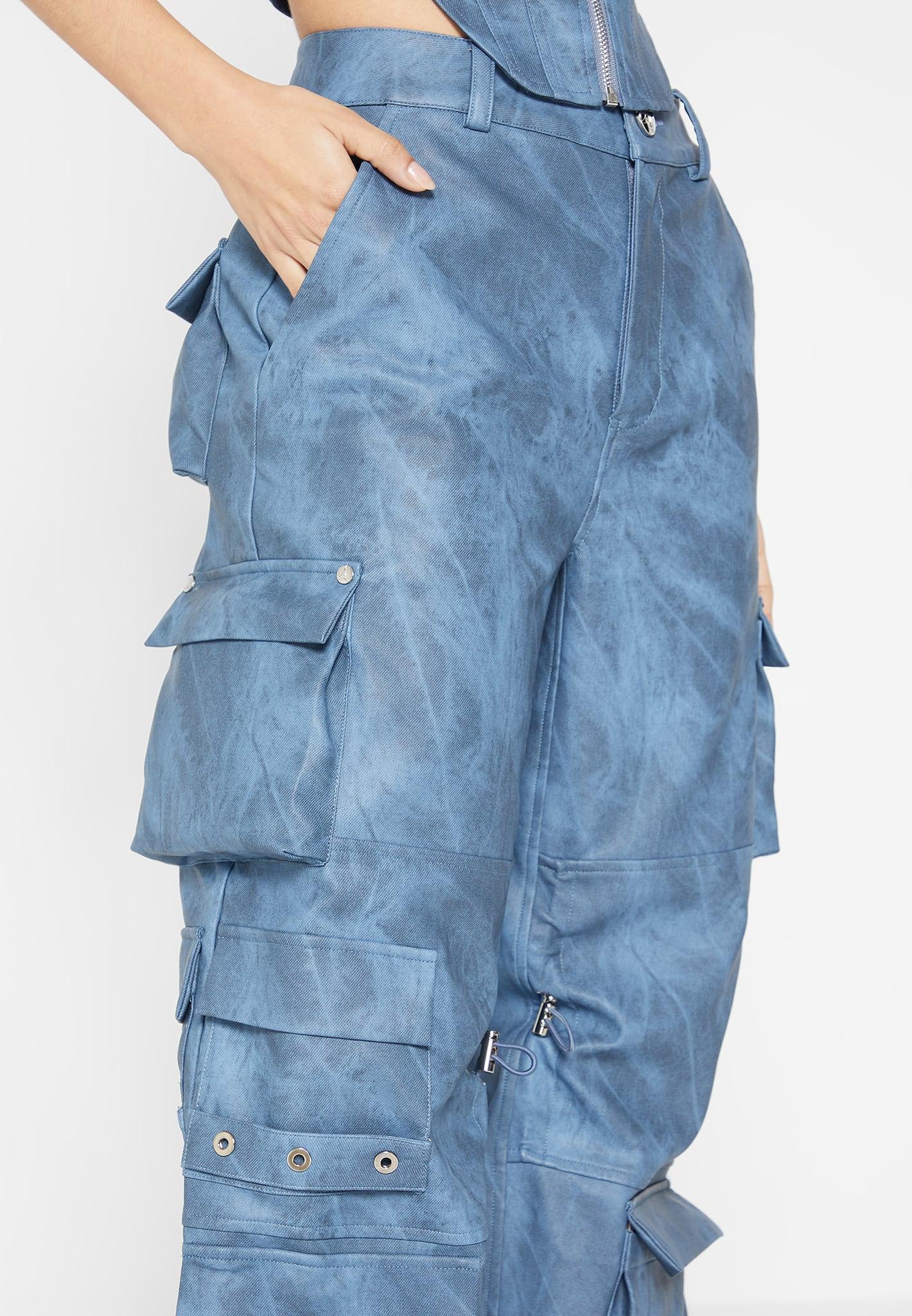 High Waisted Vintage Marble Leather Cargo Pants - Washed Blue Female Product Image
