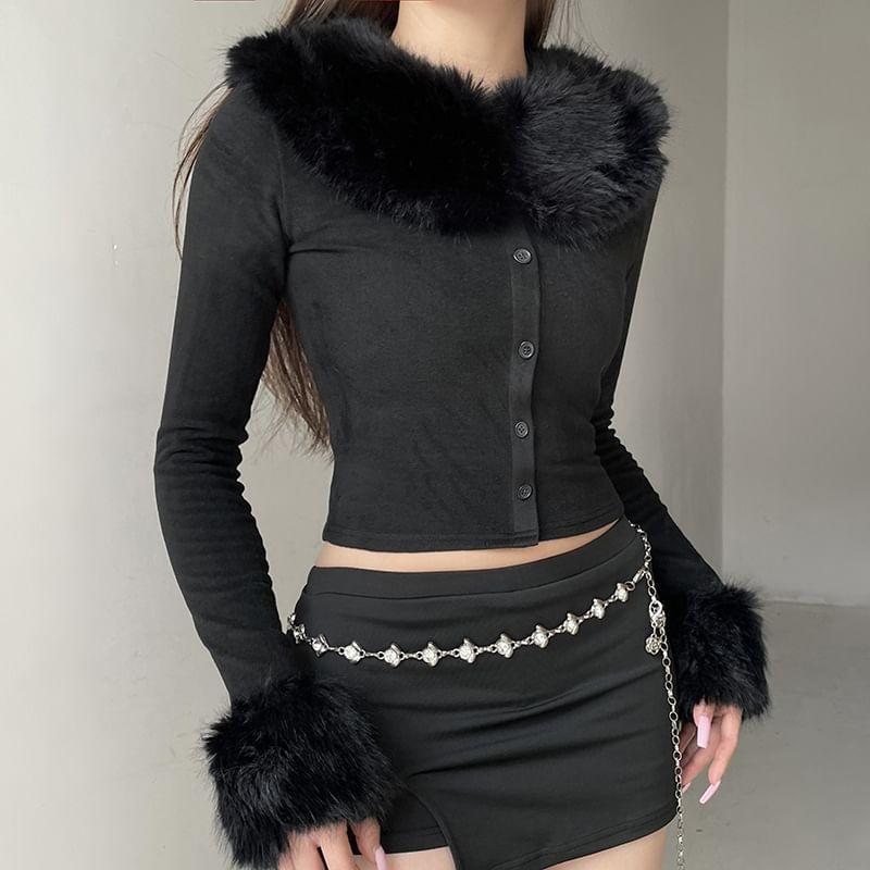 Long-Sleeve Faux Fur Button-Up Plain Crop Top Product Image