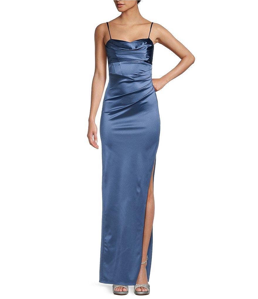 Honey and Rosie Emma Bodice Side Slit Satin Long Dress Product Image
