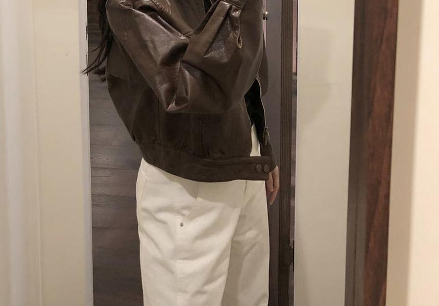 Faux Leather Zip-Up Crop Jacket Product Image