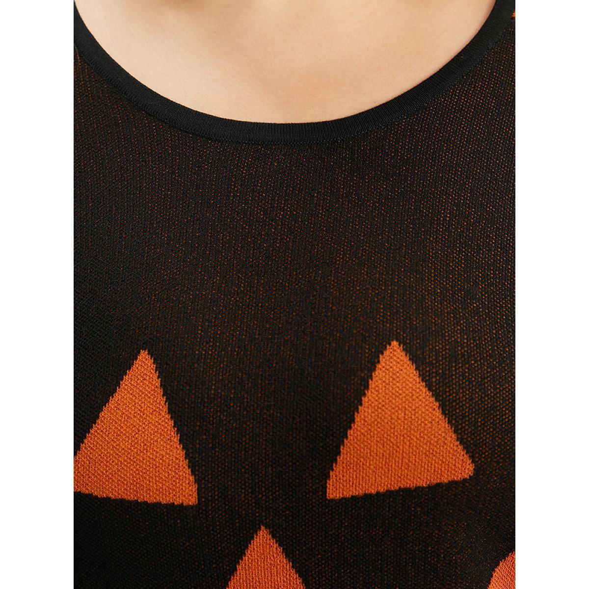 Plus Size Halloween Print Contrast Round Neck Pullover Black Women Casual Loose Long Sleeve Round Neck Festival-Halloween Pullovers BloomChic 12/L Product Image
