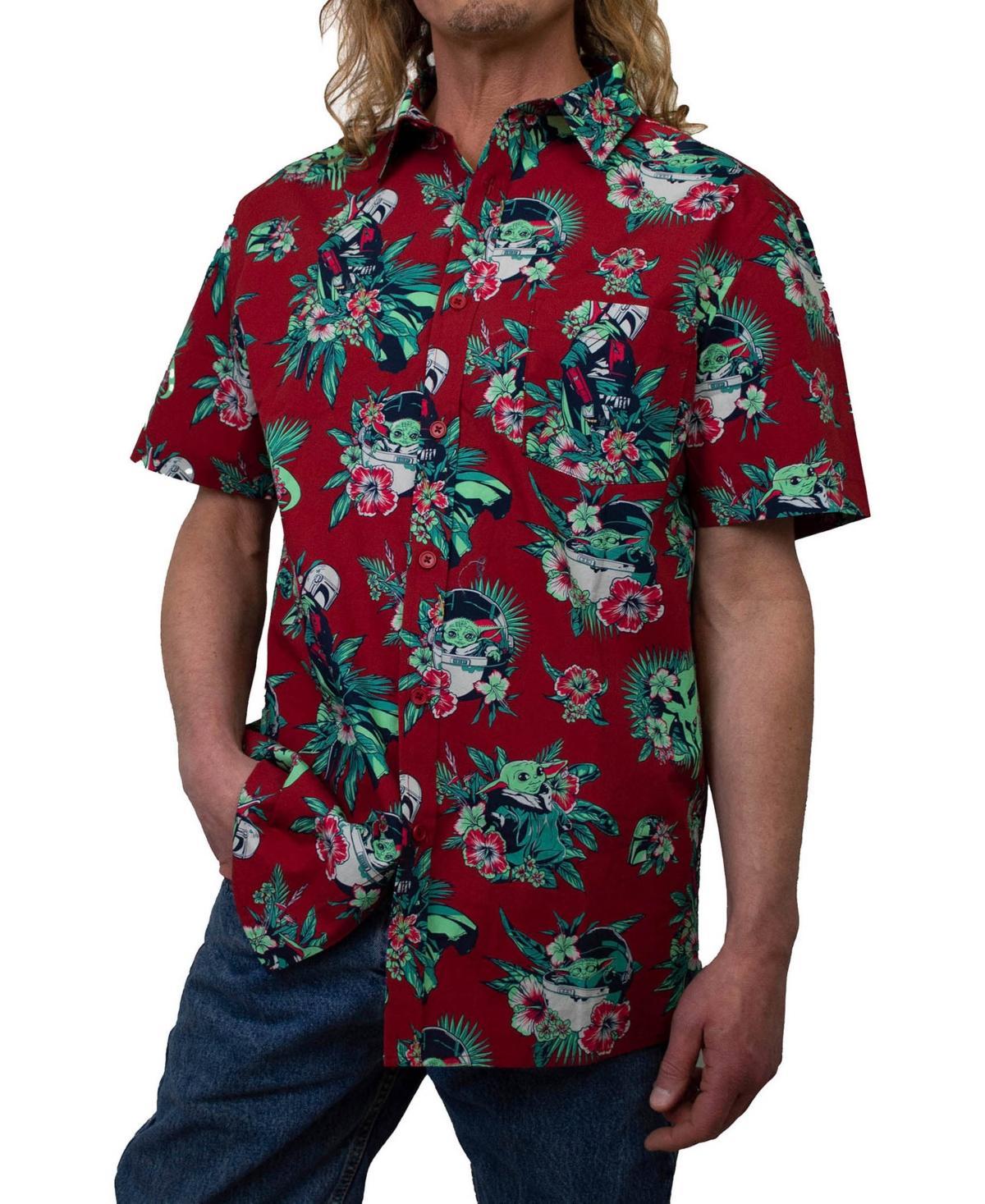 Men's Baby Yoda Hawaiian Bouquet Button Up, Size: Large, Red Product Image