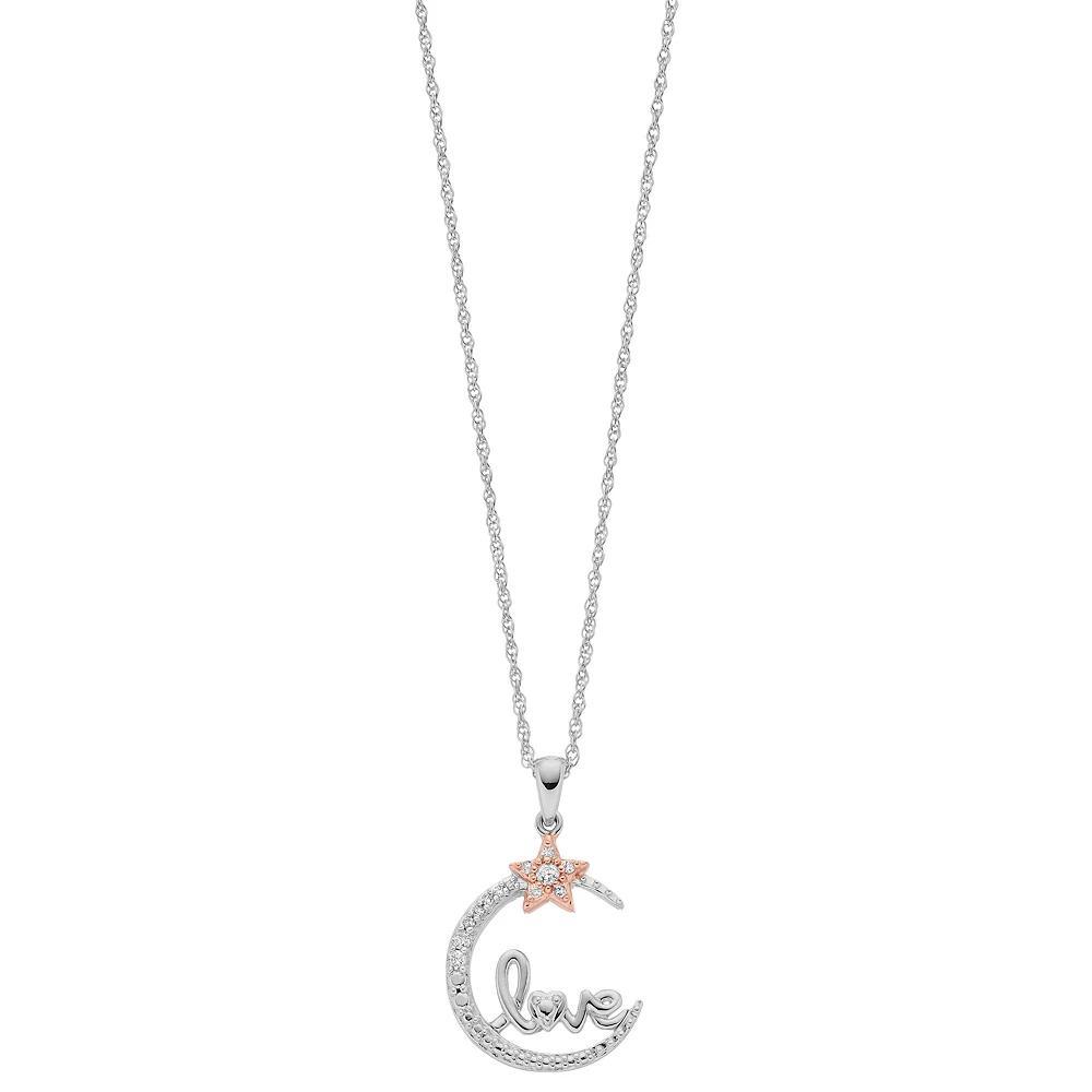 Two Tone Sterling Silver 1/10 Carat T.W. Diamond Moon & Star "Love" Pendant Necklace, Women's, Size: 18" Product Image