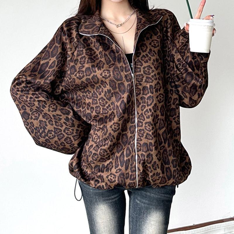 Stand Collar Leopard Print Zip Jacket Product Image