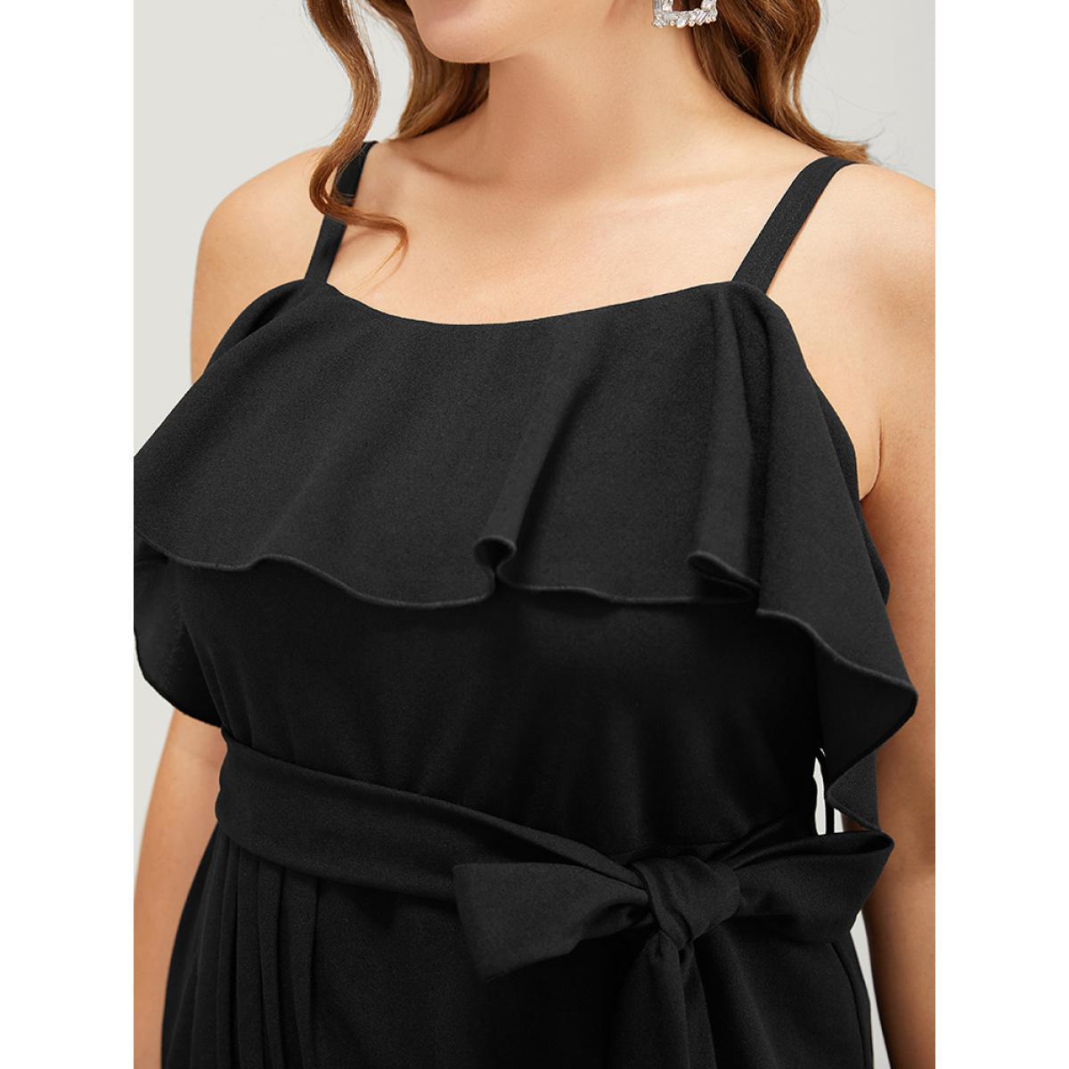 Plus Size Solid Ruffle Trim Belt Pleated Detail Bodycon Cami Dress Black Women Glamour Adjustable Straps Spaghetti Strap Sleeveless Curvy Midi Dress BloomChic 30/6X Product Image