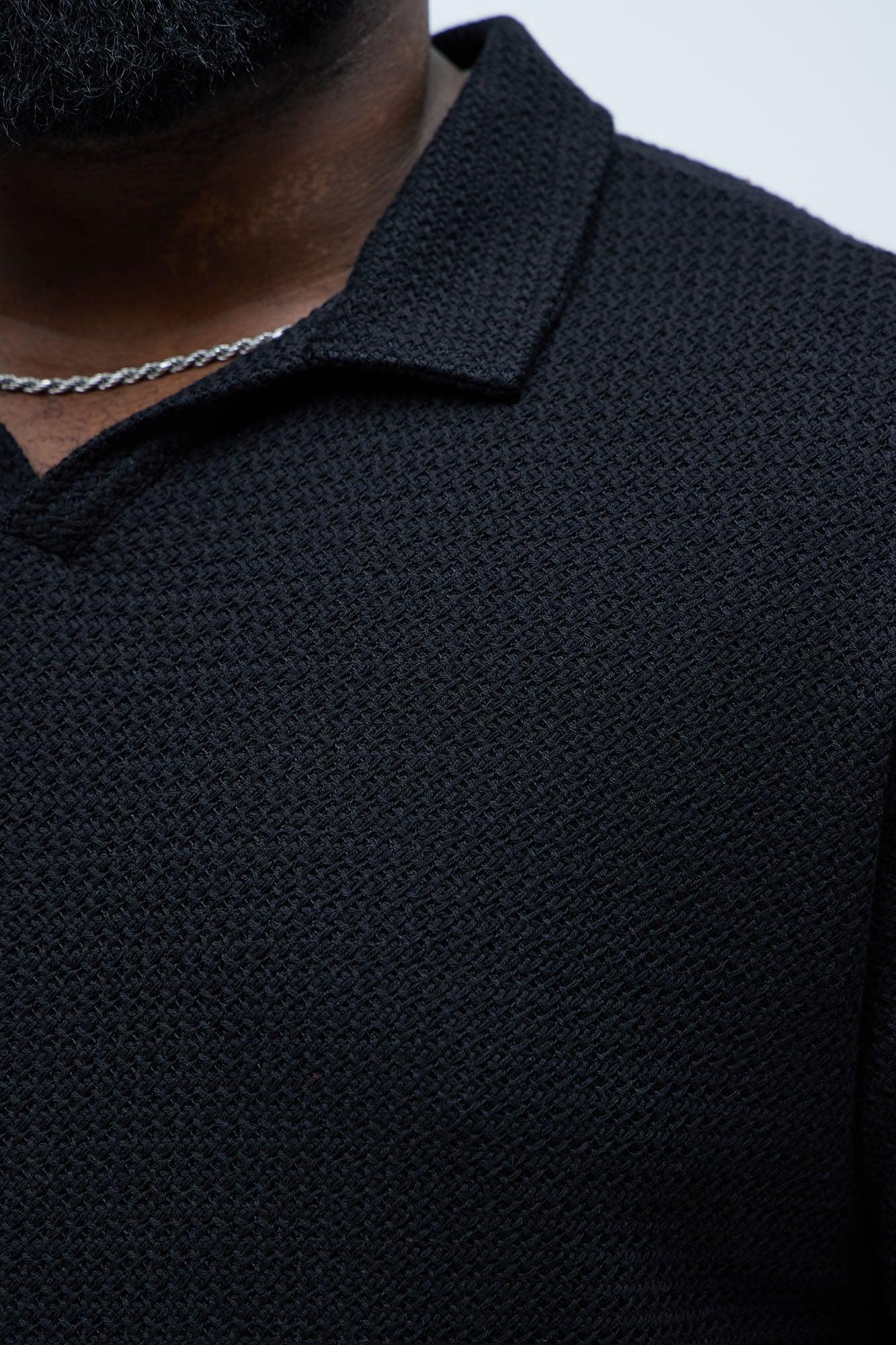 Raffia Texture Knit Johnny Collar Shirt - Black Product Image