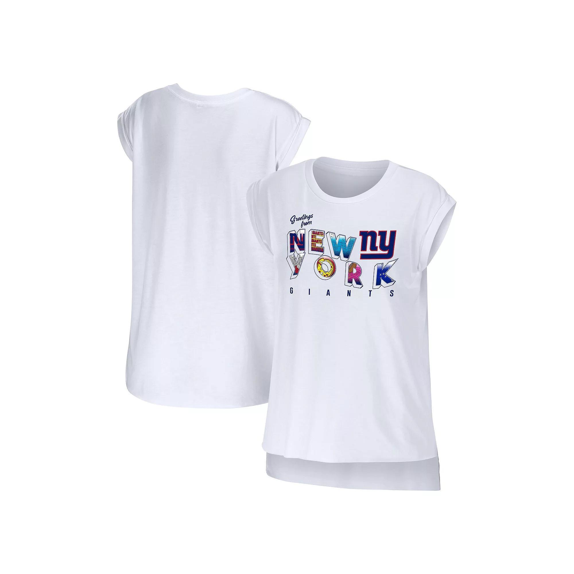 Women's WEAR by Erin Andrews White New York Giants Greetings From Muscle T-Shirt, Size: Large Product Image