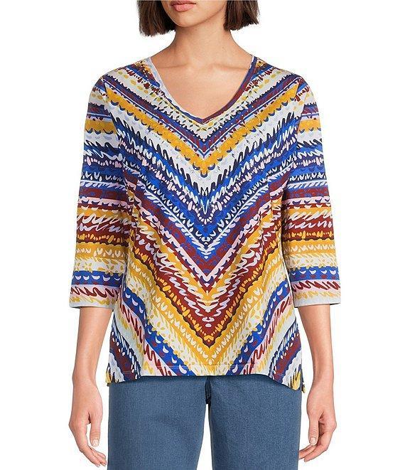 Allison Daley Indigo Boho Stripe Print 3/4 Sleeve V-Neck Knit Top Product Image