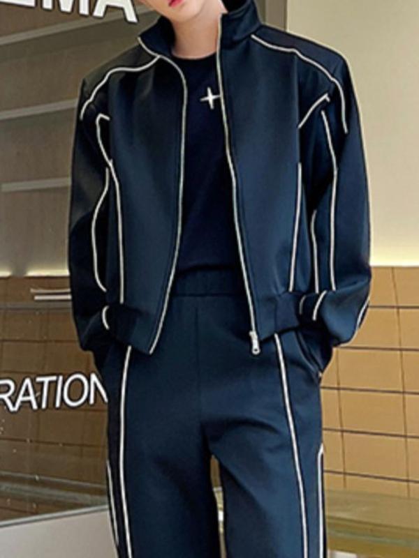 Men's Contrast Color Line Splice Long Sleeve Tracksuit Set Product Image
