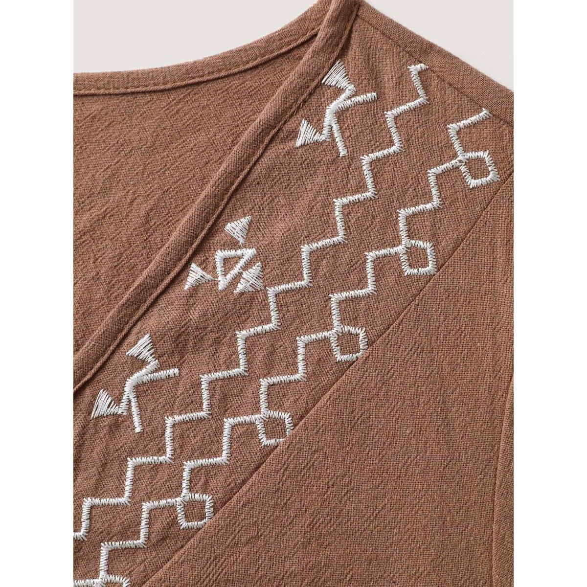 Plus Size Bronze Pure Cotton Embroidered Neck Blouse Women Short sleeve V-neck Vacation Blouses BloomChic 18-20/2X Product Image