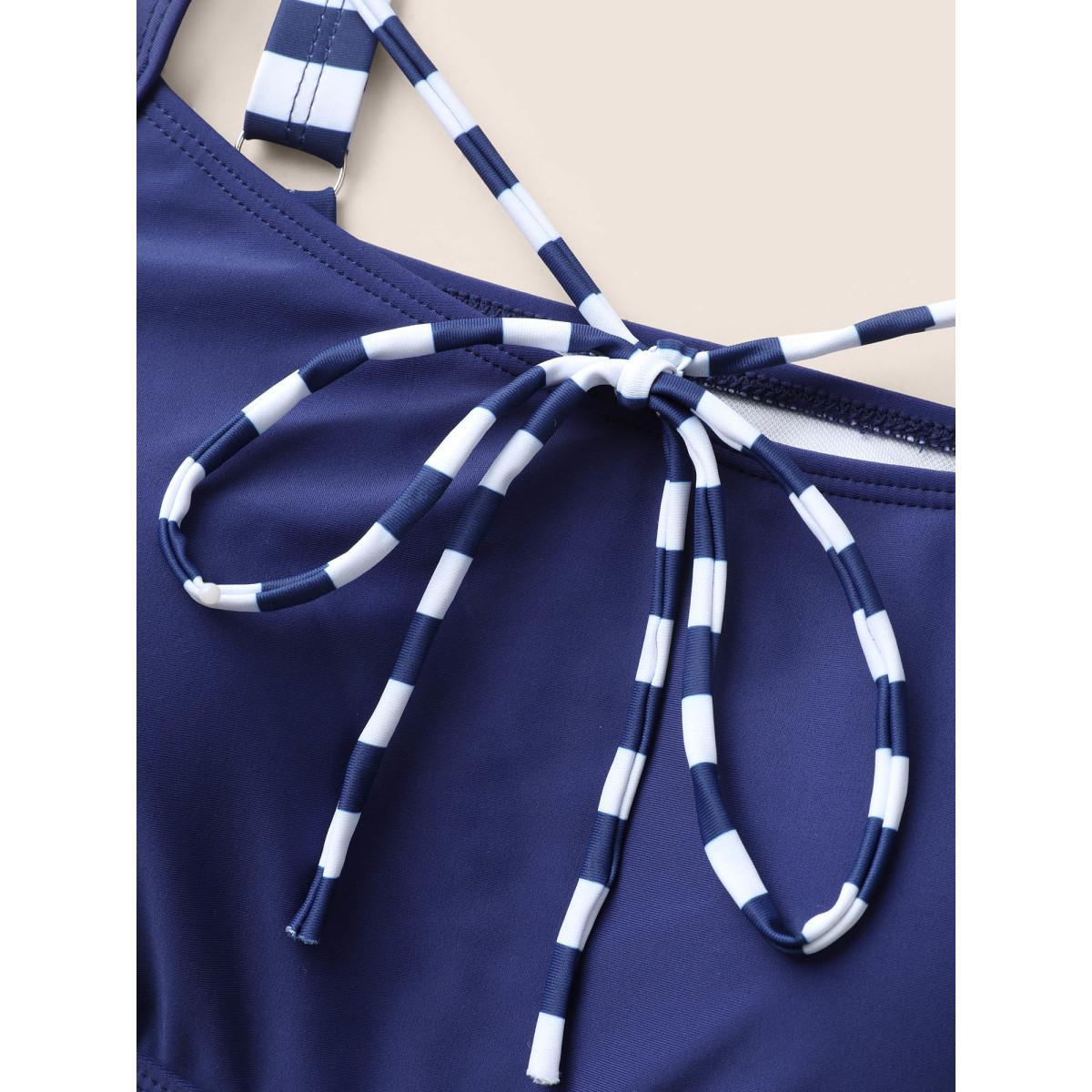 Plus Size Striped Tie Knot High Stretch Gathered Swim Top Women's Swimwear Navy Beach Tie knot High stretch Bodycon Heart neckline Curve Swim Tops BloomChic 30/6X Product Image