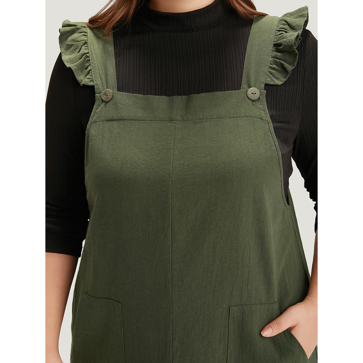 Plus Size Solid Square Neck Button Up Pocket Ruffle Trim Cami Dress ArmyGreen Women Casual Plain Spaghetti Strap Sleeveless Curvy Knee Dress BloomChic 28/5X Product Image