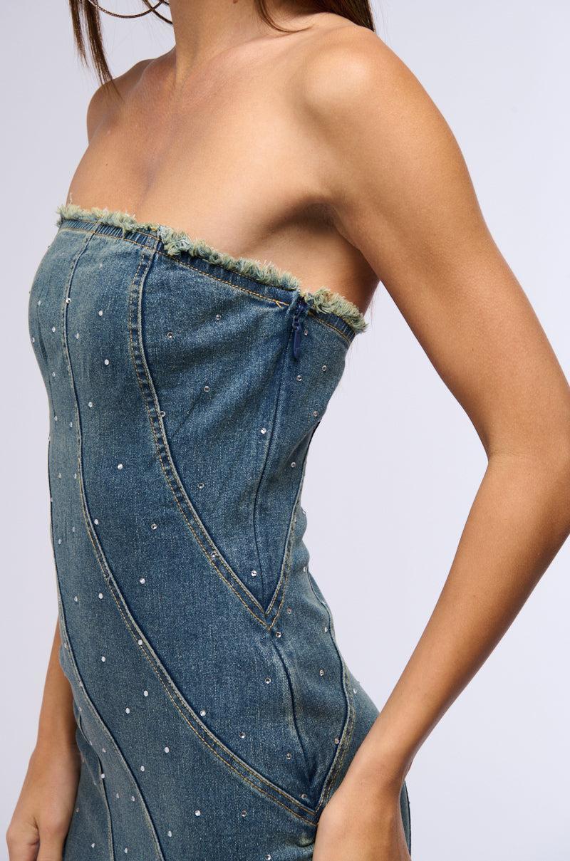 MY OWN MUSE HIGH LOW RHINESTONE DENIM MIDI DRESS Product Image