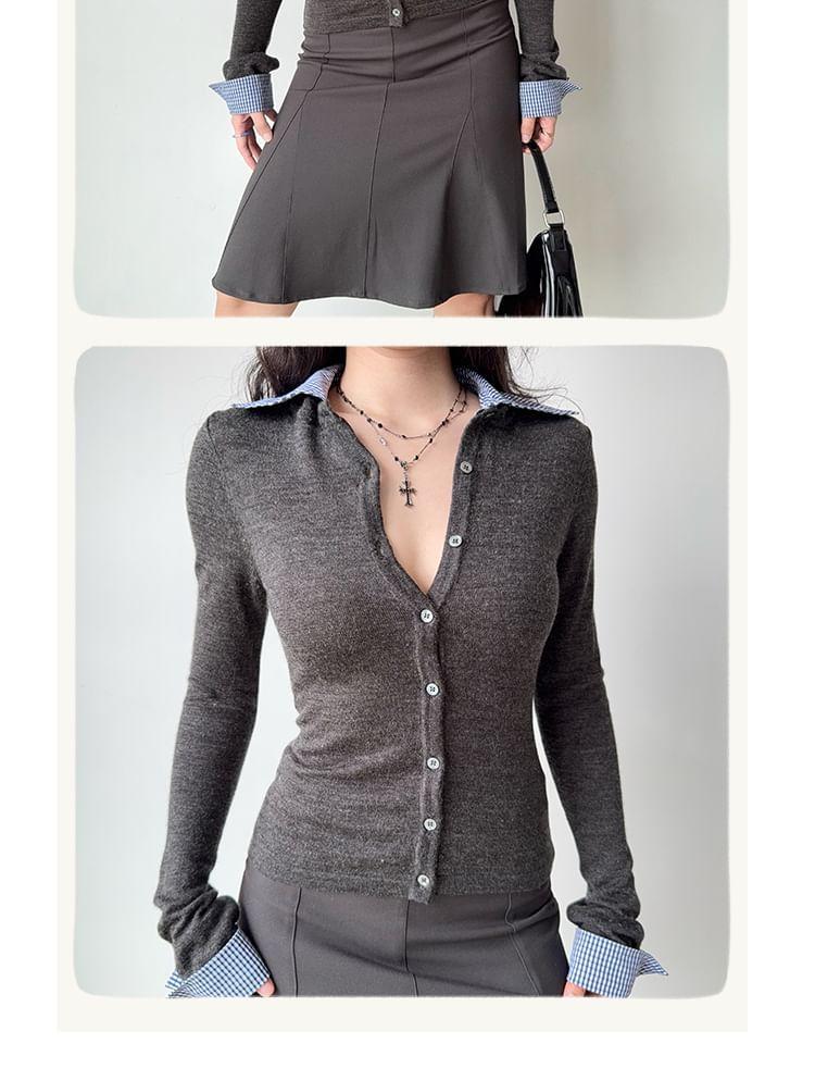 Collared Mock Two-Piece Plaid Panel Button-Up Cardigan Product Image