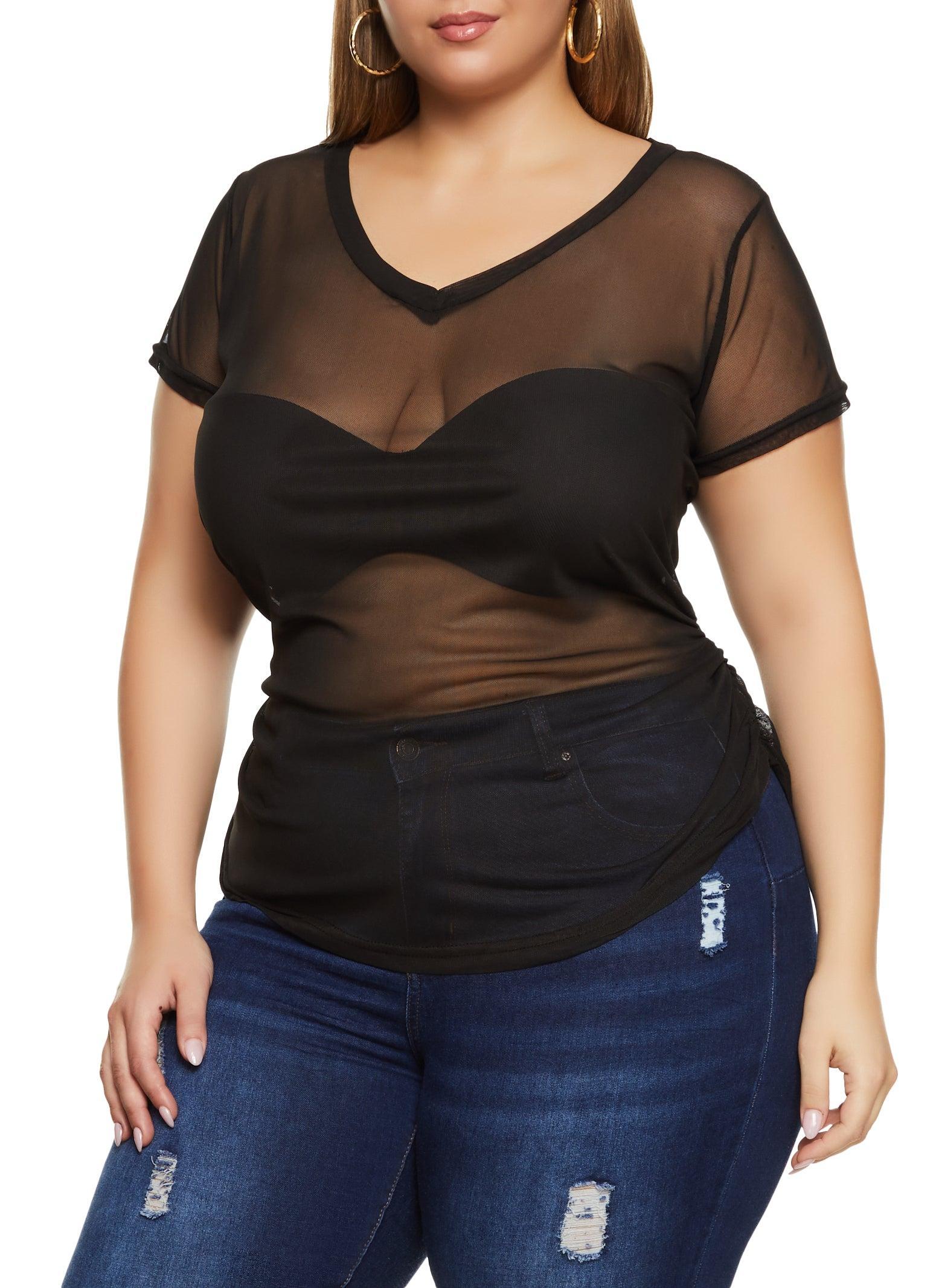 Womens Plus Size Mesh Ruched V Neck Top Product Image
