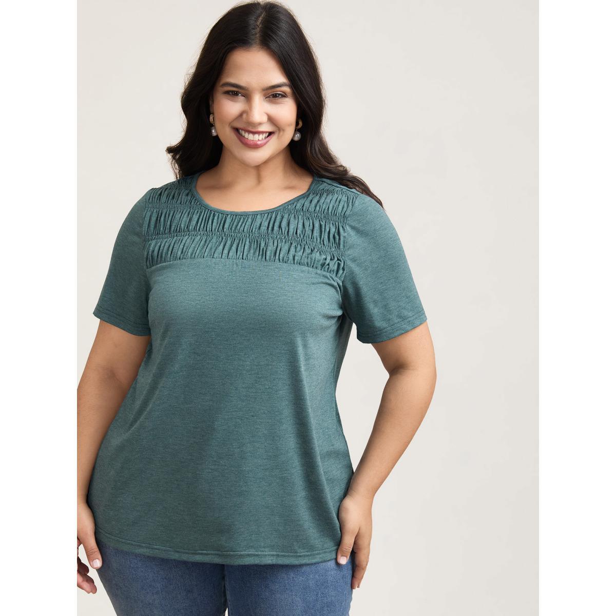 Plus Size Shirred Detail Round Neck T-Shirt Cyan Women Elegant Shirred Round Neck Everyday T-shirts BloomChic 14-16/1X Product Image