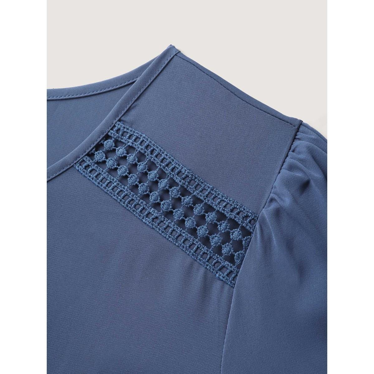 Plus Size Lace Trim Waist-Drawstring Solid Midi Dress Mediumblue Women V-neck Short sleeve Curvy BloomChic 18-20/2X Product Image