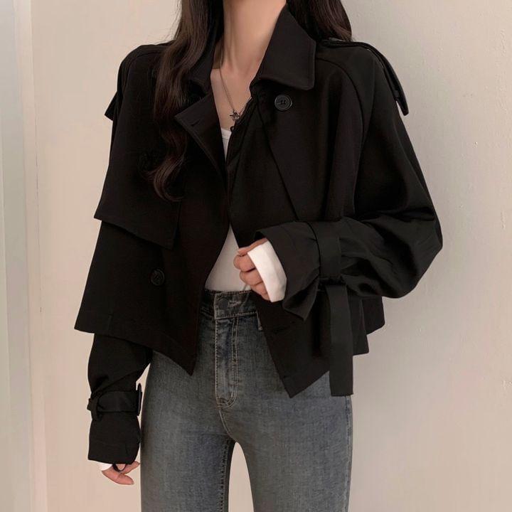 Collared Plain Double-Breasted Crop Trench Jacket Product Image