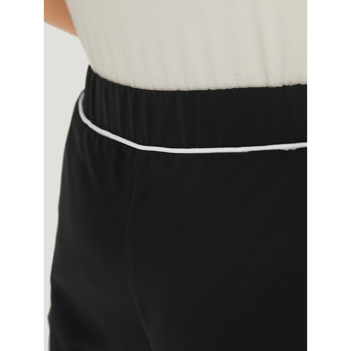 Plus Size Two Tone Seam Detail Pocket Elastic Waist Pants Women Black Office Straight Leg High Rise Work Pants BloomChic 14-16/1X Product Image