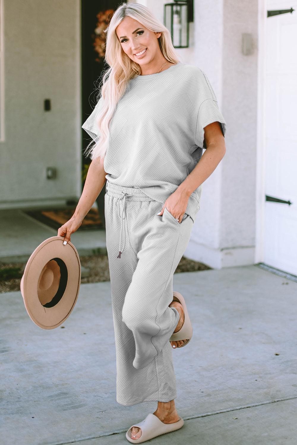Double Take Full Size Texture Short Sleeve Top and Pants Set Product Image