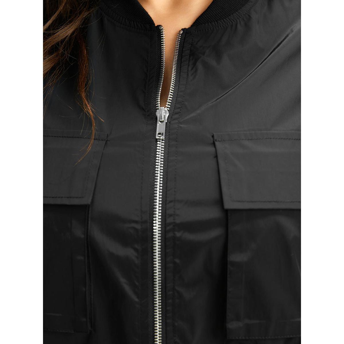Plus Size Wind-Resistant Zipper Fly Drawstring Jacket Women Black Plain Pocket Dailywear Jackets BloomChic 28/5X Product Image