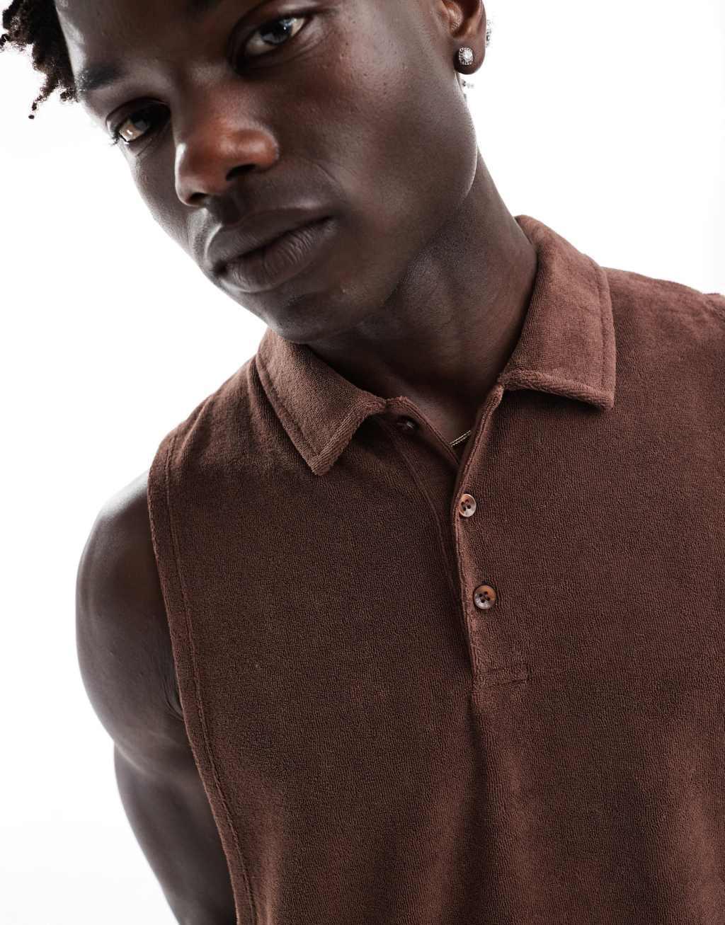 ASOS DESIGN relaxed tank top with polo neck in brown terrycloth Product Image