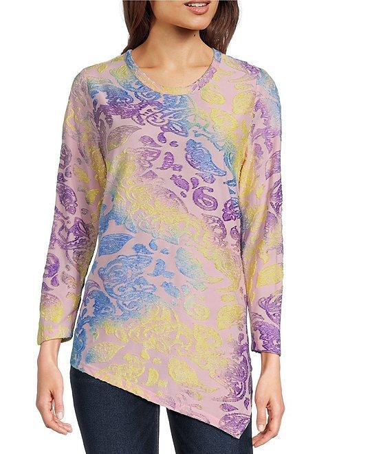 Calessa Burnout Tie-Dye Crew Neck 3/4 Sleeve Asymmetrical Hem Tunic Product Image