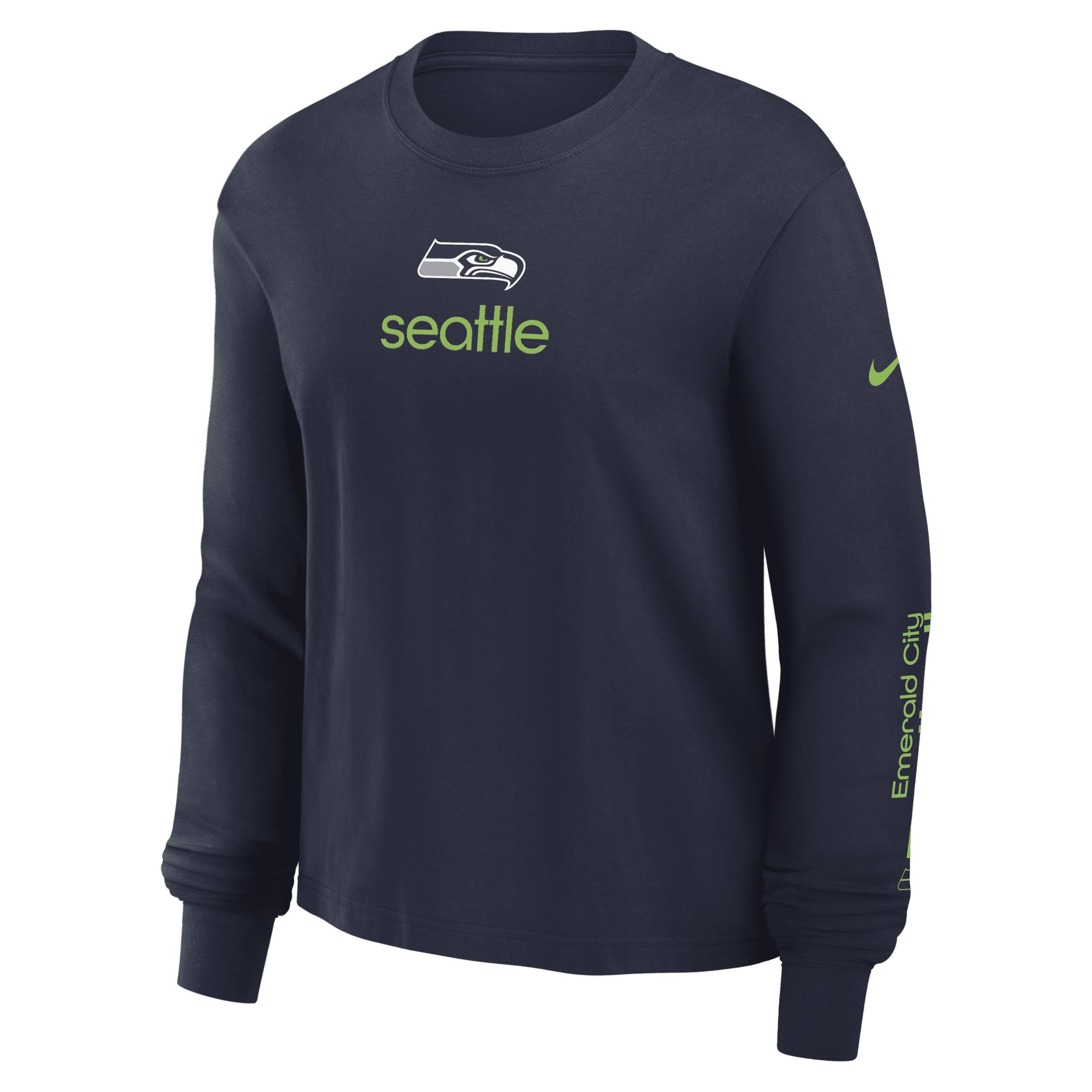 Women's Nike College Navy Seattle Seahawks Boxy Long Sleeve T-Shirt, Size: XS, Blue Product Image