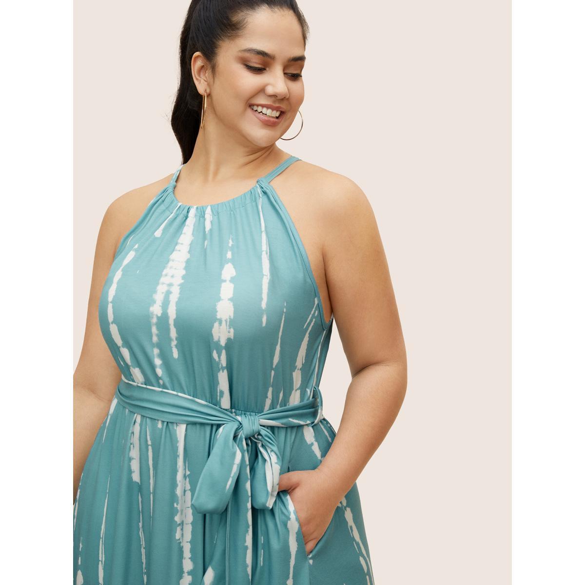 Plus Size Tie Dye Halter Neck Belted Gathered Dress LightBlue Women Casual Gathered Halter neck Sleeveless Curvy BloomChic 22-24/3X Product Image