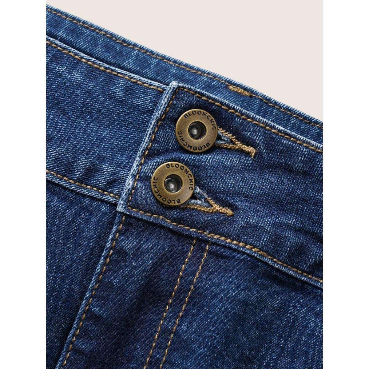 Plus Size Dark Wash Split Back Bodycon Denim Skirt Women Blue Everyday Non Plain High stretch Dark Wash 26/4X Slanted pocket Elegant Denim Skirts BloomChic Product Image