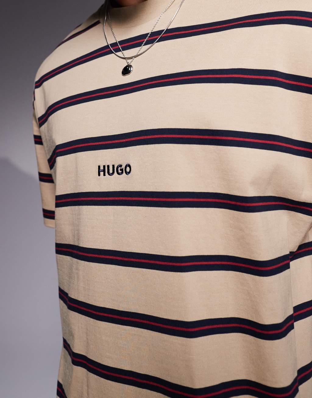 HUGO Blue nistripo oversized t-shirt in beige and dark blue horizontal stripe Product Image