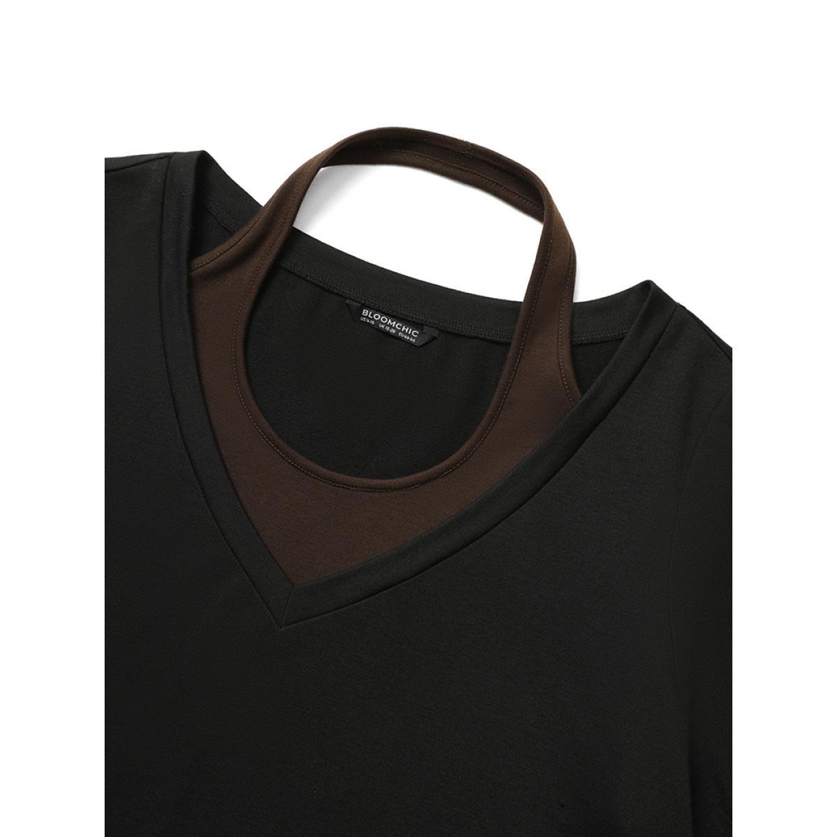 Plus Size Halter 2-In-1 Patchwork Sweatshirt Women Black Casual Plain Halter neck Everyday Sweatshirts BloomChic 22-24/3X Product Image