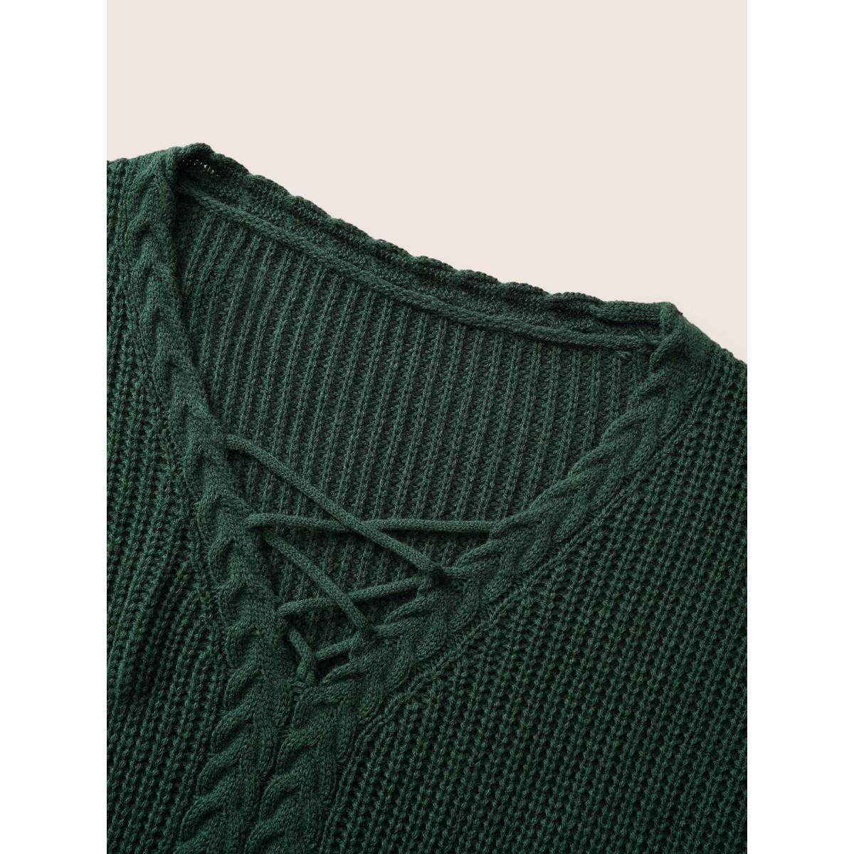 Plus Size Plain Cable Knit Crisscross Pullover DarkGreen Women Casual Loose Long Sleeve V-neck Dailywear Pullovers BloomChic 12/L Product Image