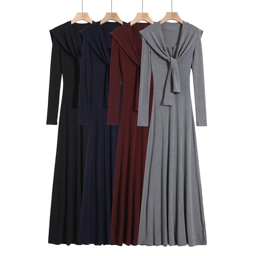 Long-Sleeve Plain Midi A-Line Henley Dress Product Image