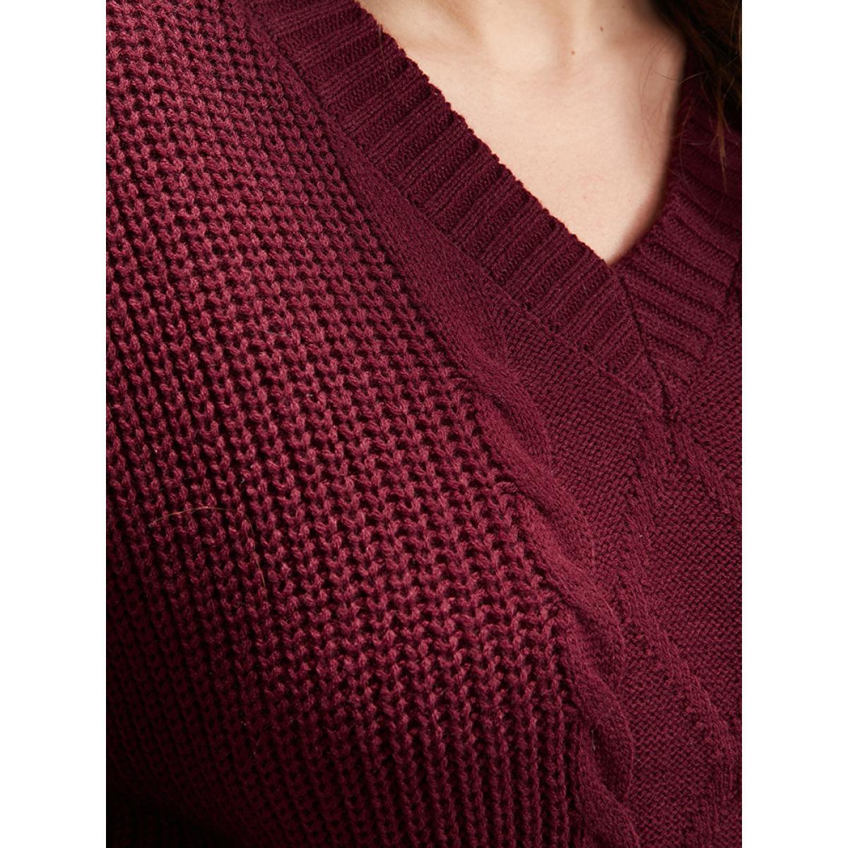 Plus Size Solid Pointelle Knit V Neck Loose Geometric Cable Knit Top Rust Women Elegant Loose Long Sleeve Dailywear Pullovers BloomChic 12/L Product Image