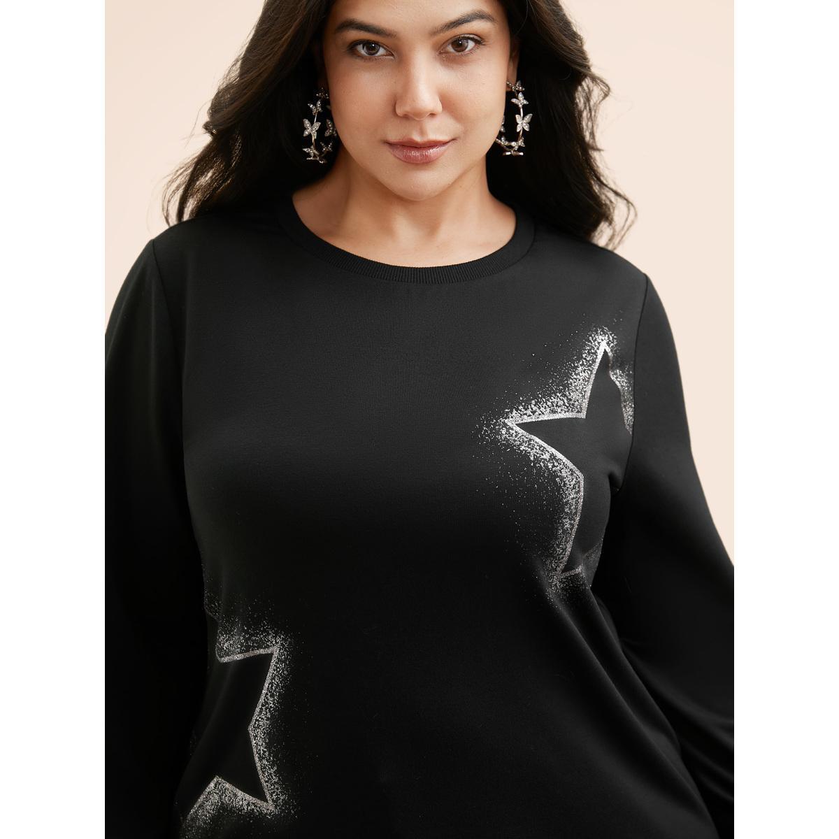Plus Size Star Rhinestone Slightly Stretchy Sweatshirt Women Black Casual Rhinestone detailing Round Neck Everyday Sweatshirts BloomChic 22-24/3X Product Image