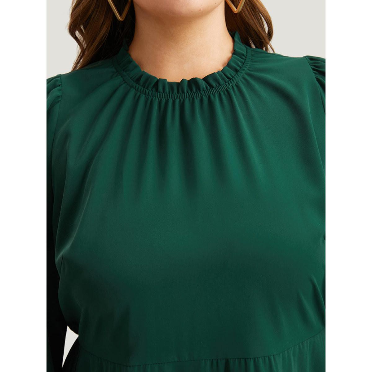 Plus Size Anti-Wrinkle Frill Trim Elastic Cuffs Dress DarkGreen Women Office Elastic cuffs Mock Neck Long Sleeve Curvy Midi Dress BloomChic 22-24/3X Product Image