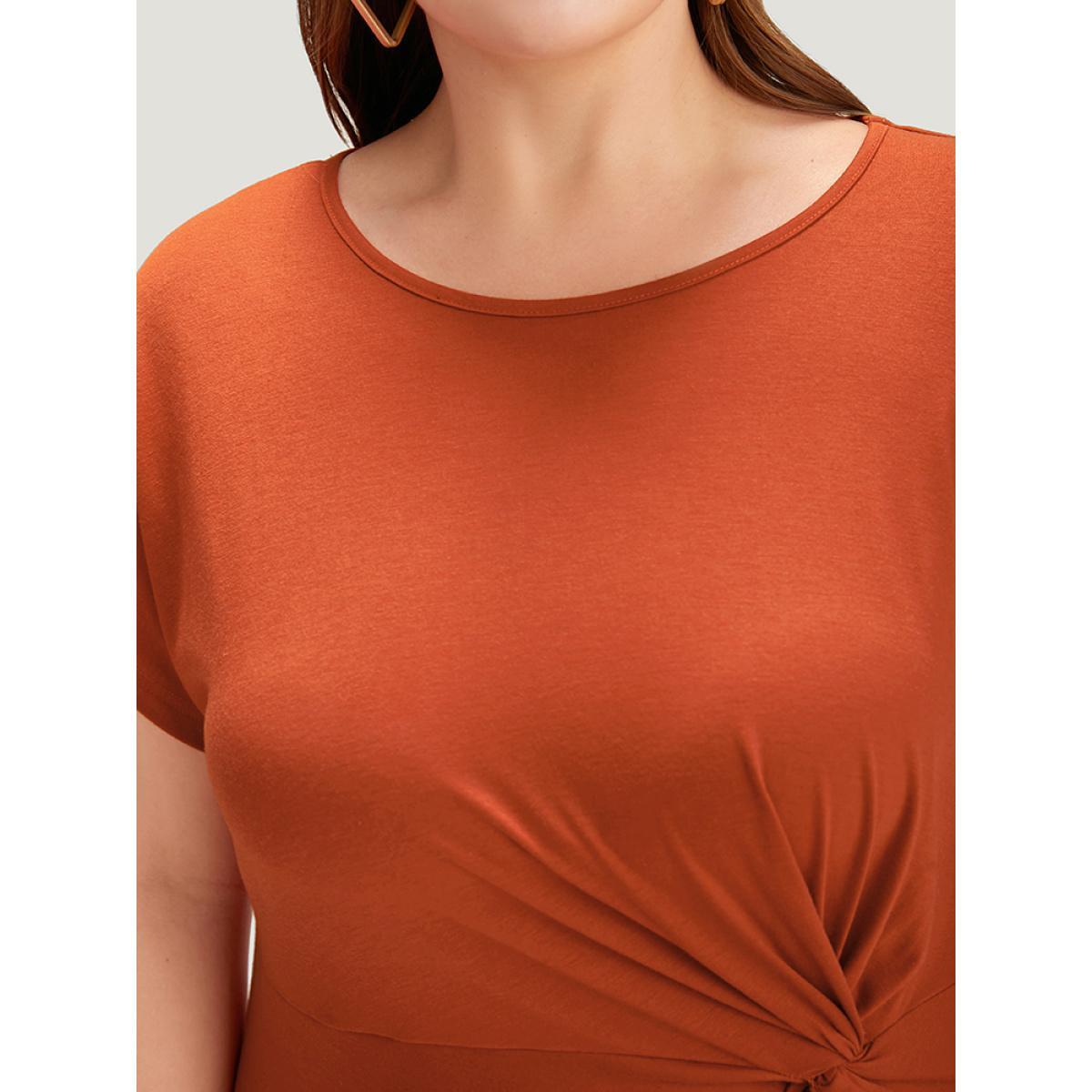 Plus Size Supersoft Essentials Solid Twist Front Split Hem Dress Rust Women Casual Plain Round Neck Short sleeve Curvy Midi Dress BloomChic 30/6X Product Image