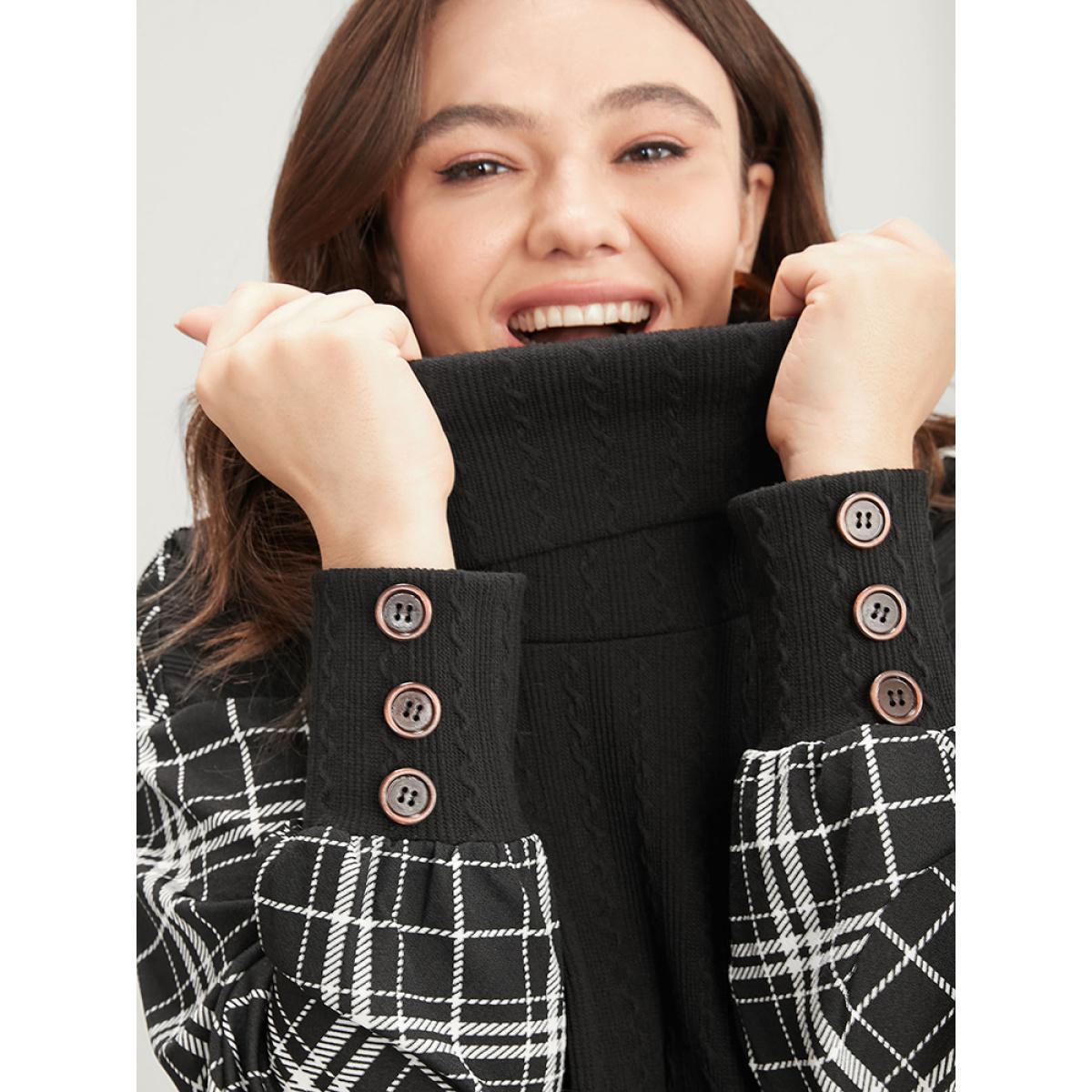 Plus Size Plaid Patchwork Button Detail Funnel Neck Sweatshirt Women Black Elegant Contrast Turtleneck Dailywear Sweatshirts BloomChic 30/6X Product Image