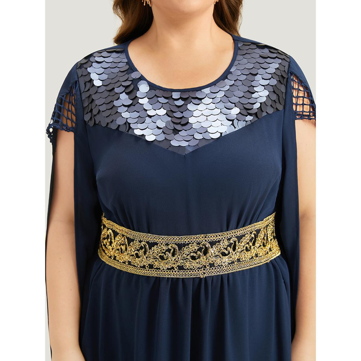 Plus Size Halloween Sequin Detail Embroidered Cut Out Dress DarkBlue Women Elegant Patchwork Round Neck Sleeveless Curvy Long Dress BloomChic 30/6X Product Image