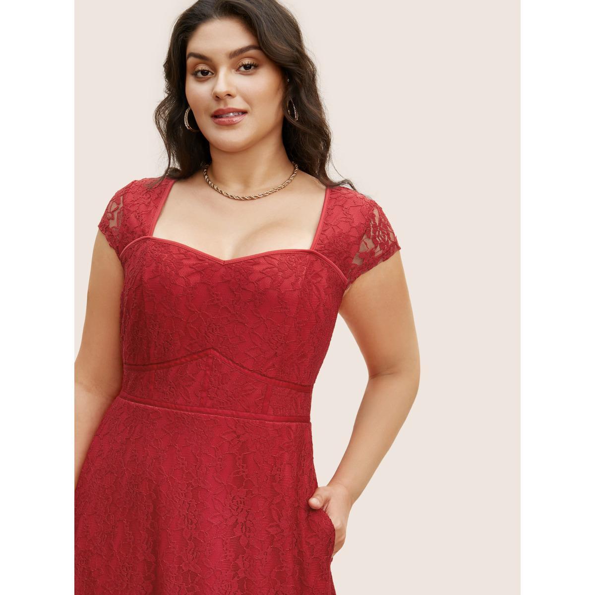 Plus Size Lace Panel Heart Neckline Split Side Dress Burgundy Women Cocktail Heart neckline Cap Sleeve Curvy BloomChic 18-20/2X Product Image
