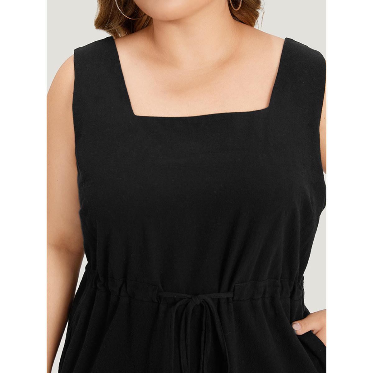 Plus Size Plain Pocket Drawstring Square Neck Tank Dress Black Women Casual Plain Square Neck Sleeveless Curvy Midi Dress BloomChic 28/5X Product Image