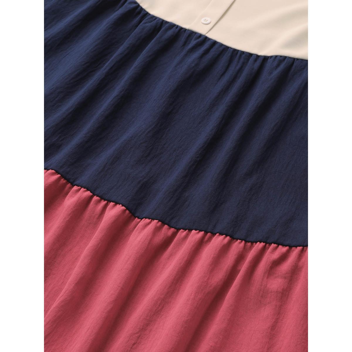 Plus Size Colorblock Contrast Button Detail Layered Hem Dress Multicolor Women Casual Non V-neck Elbow-length sleeve Curvy Midi Dress BloomChic 22-24/3X Product Image