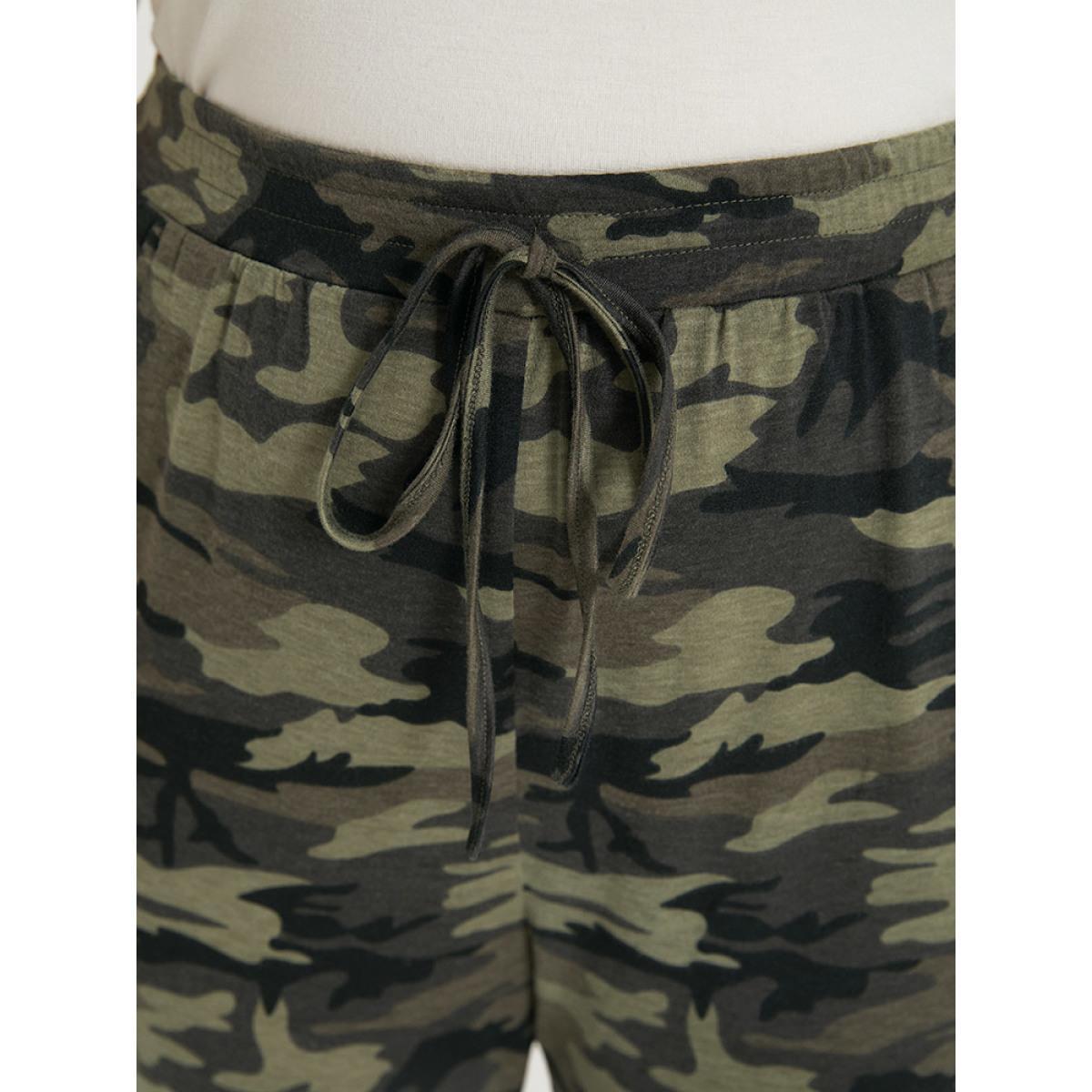 Camo Drawstring High Rise Pocket Cropped Sweatpants ArmyGreen Plus Size Women Casual Dailywear Cross straps 30/6X Bloomchic Product Image