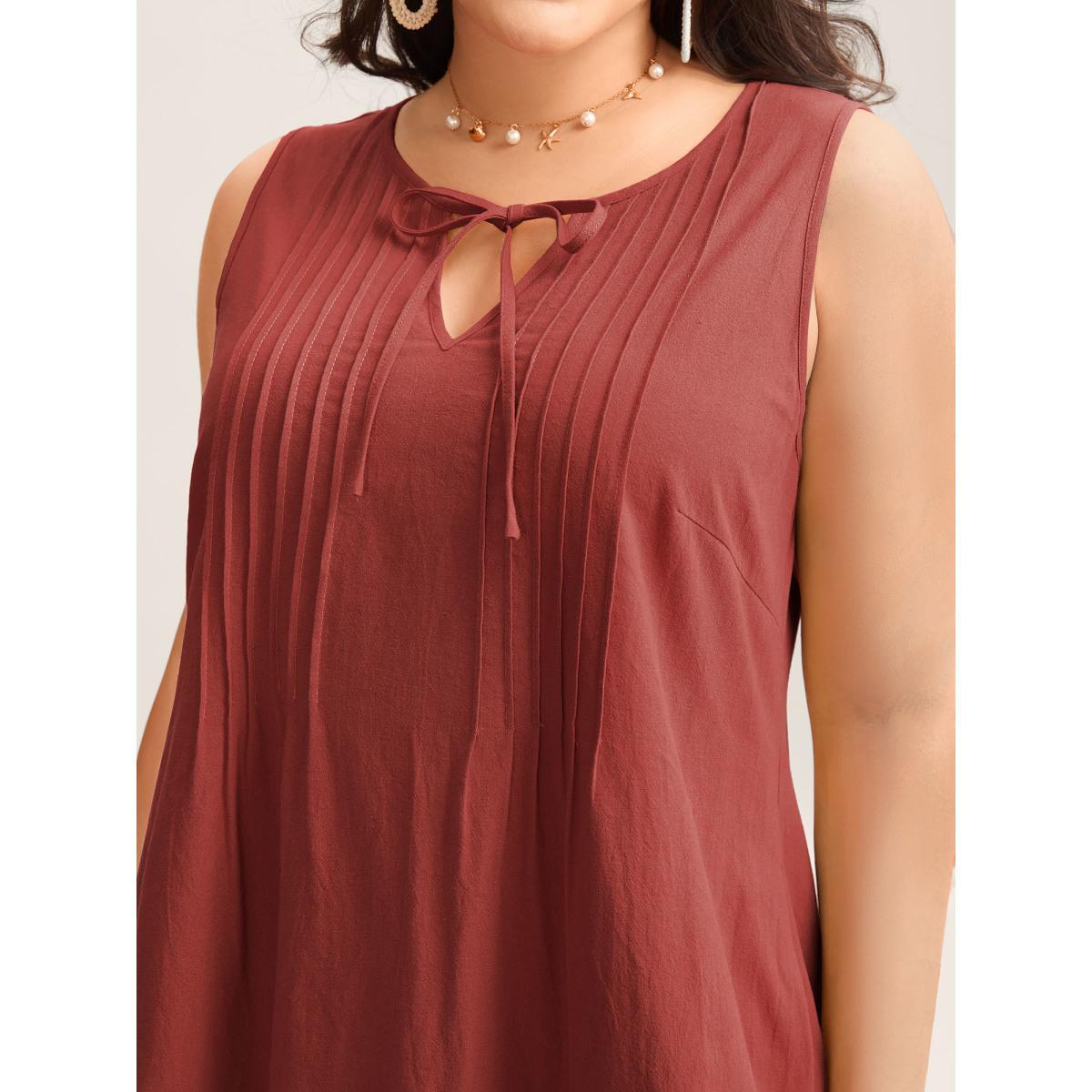 Plus Size Cotton Toothpick Pleat Plain Midi Dress Burgundy Women Notched collar Sleeveless Curvy BloomChic 18-20/2X Product Image