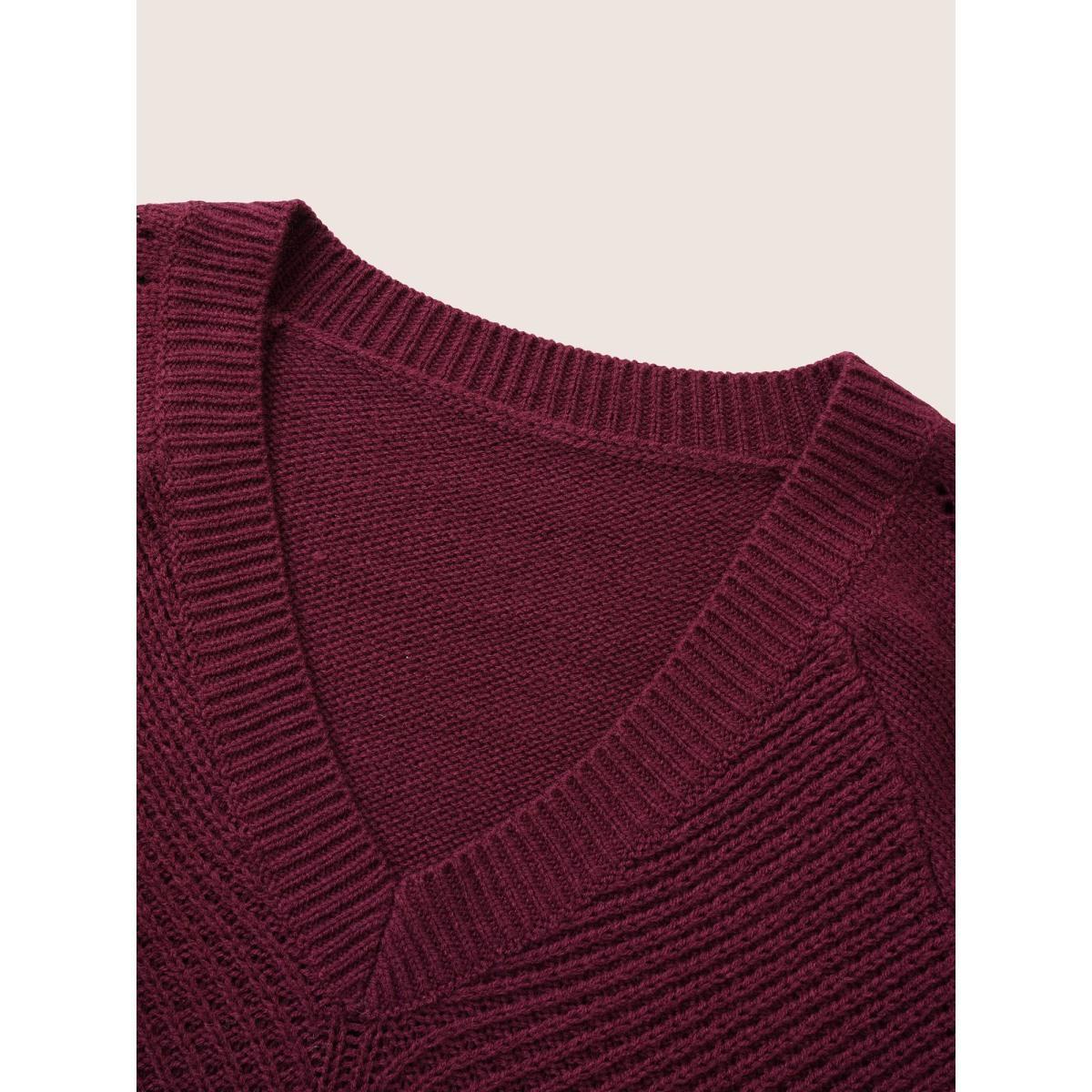 Plus Size Solid Hollow Out Raglan Sleeve Pullover Burgundy Women Casual Loose Long Sleeve V-neck Dailywear Pullovers BloomChic 12/L Product Image