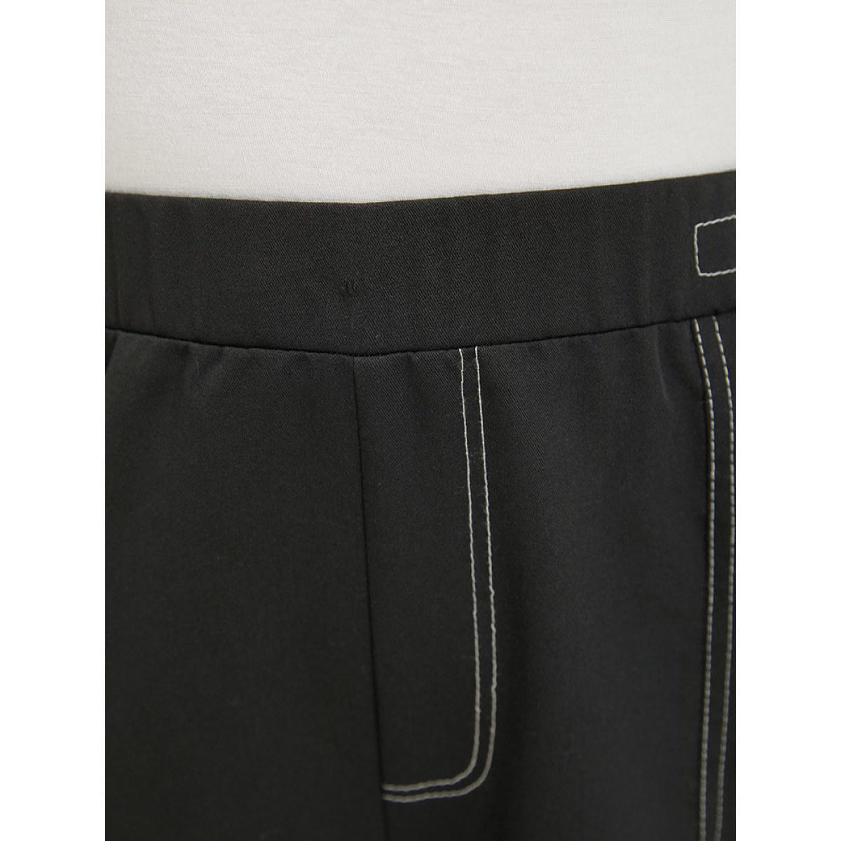 Plus Size Plain Stitch Slant Pocket High Rise Pants Women Black Elegant Straight Leg High Rise Dailywear Pants BloomChic 28/5X Product Image