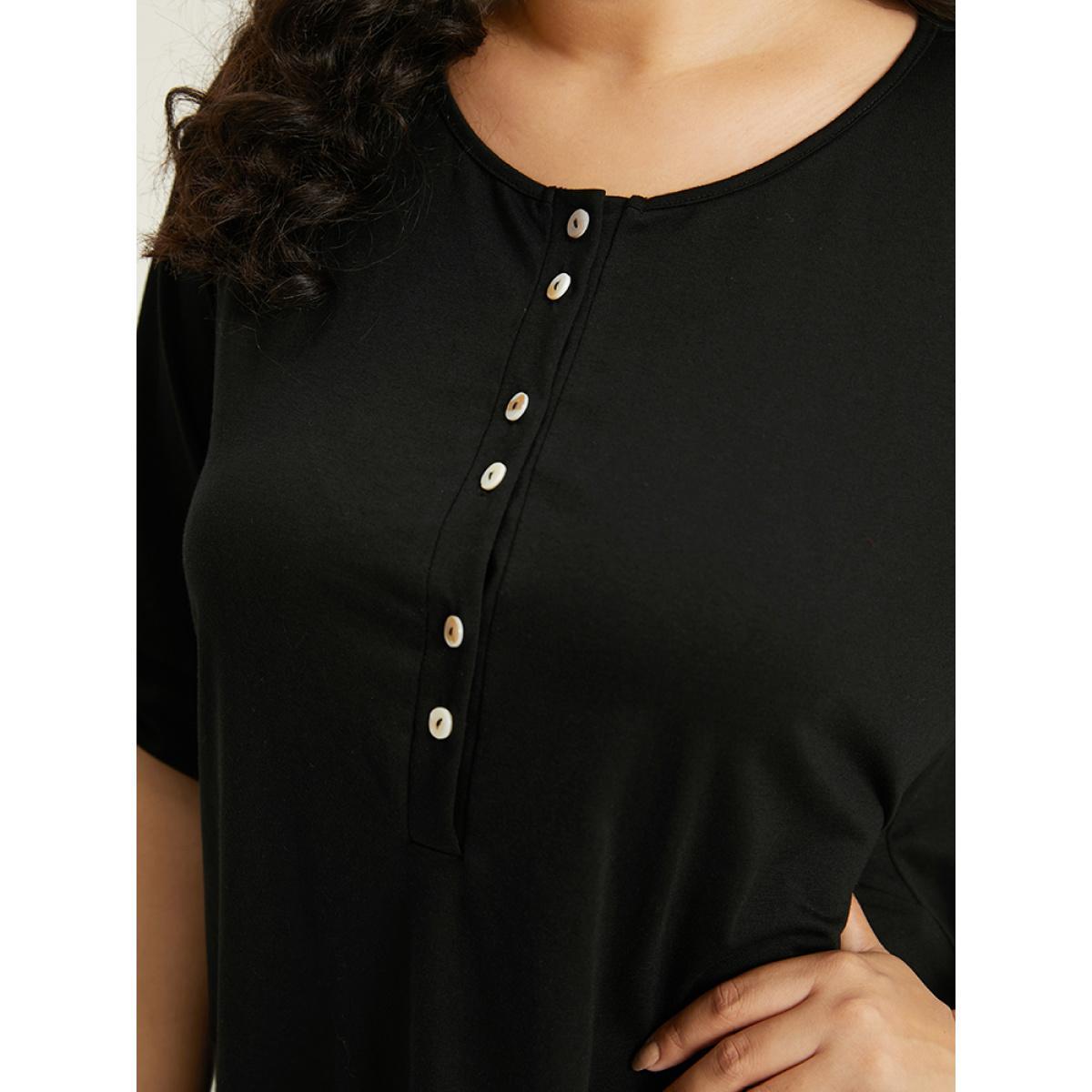 Plus Size Plain Button Up Tab Sleeve T-shirt Black Women Casual Plain Plain Round Neck Dailywear T-shirts BloomChic 10/M Product Image