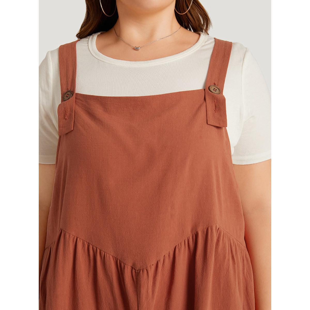 Plus Size Russet Solid Pocket Button Through Gathered Overall Jumpsuit Women Casual Sleeveless Spaghetti Strap Dailywear Loose Jumpsuits BloomChic 10/M Product Image